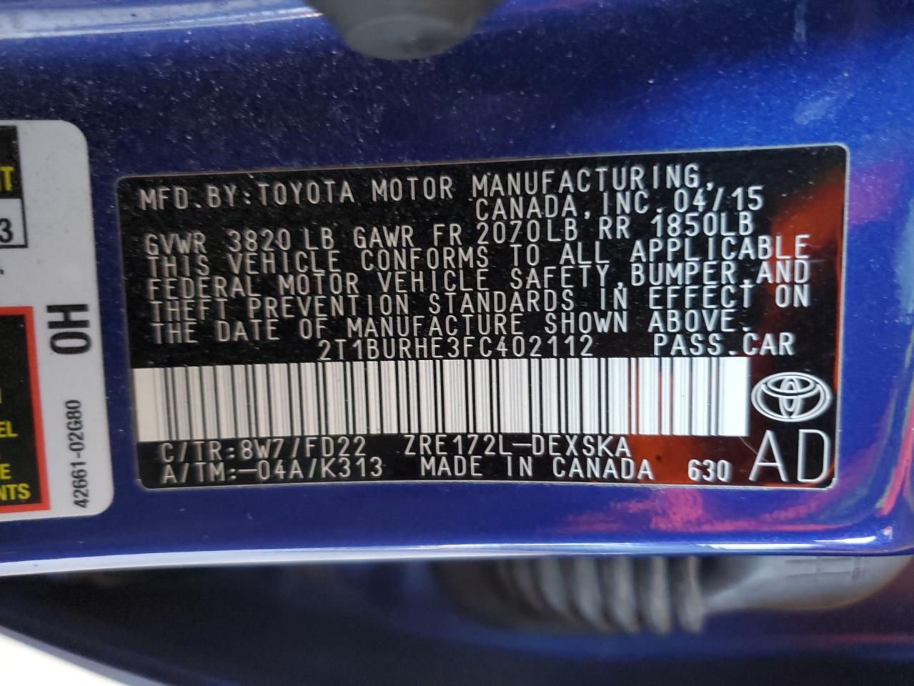 2T1BURHE3FC402112 2015 Toyota Corolla L