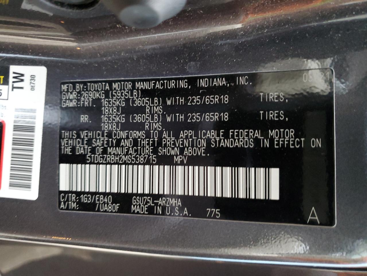 5TDGZRBH2MS538715 2021 Toyota Highlander Xle