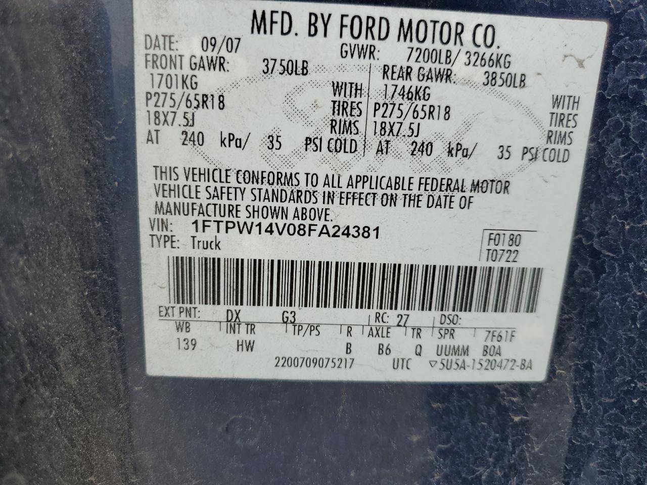 1FTPW14V08FA24381 2008 Ford F150 Supercrew