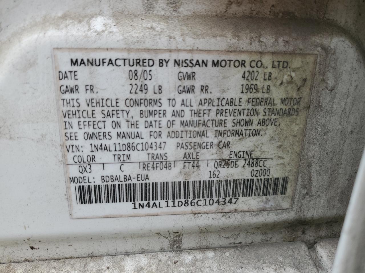 1N4AL11D86C104347 2006 Nissan Altima S