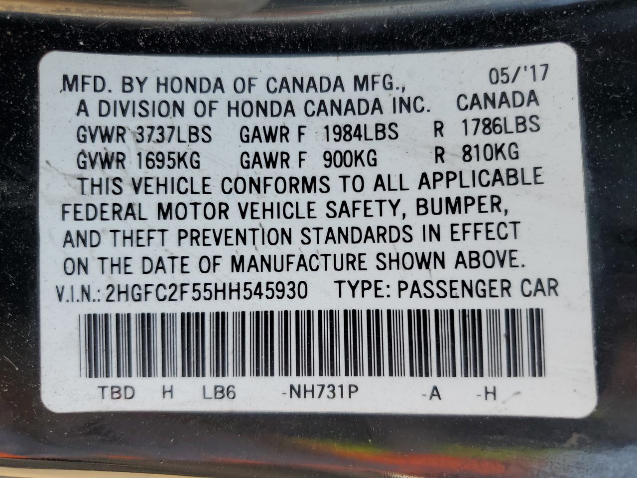 2HGFC2F55HH545930 2017 Honda Civic Lx