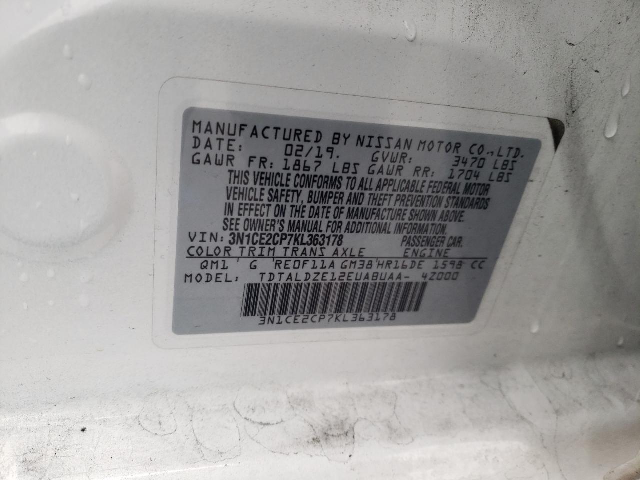 3N1CE2CP7KL363178 2019 Nissan Versa Note S