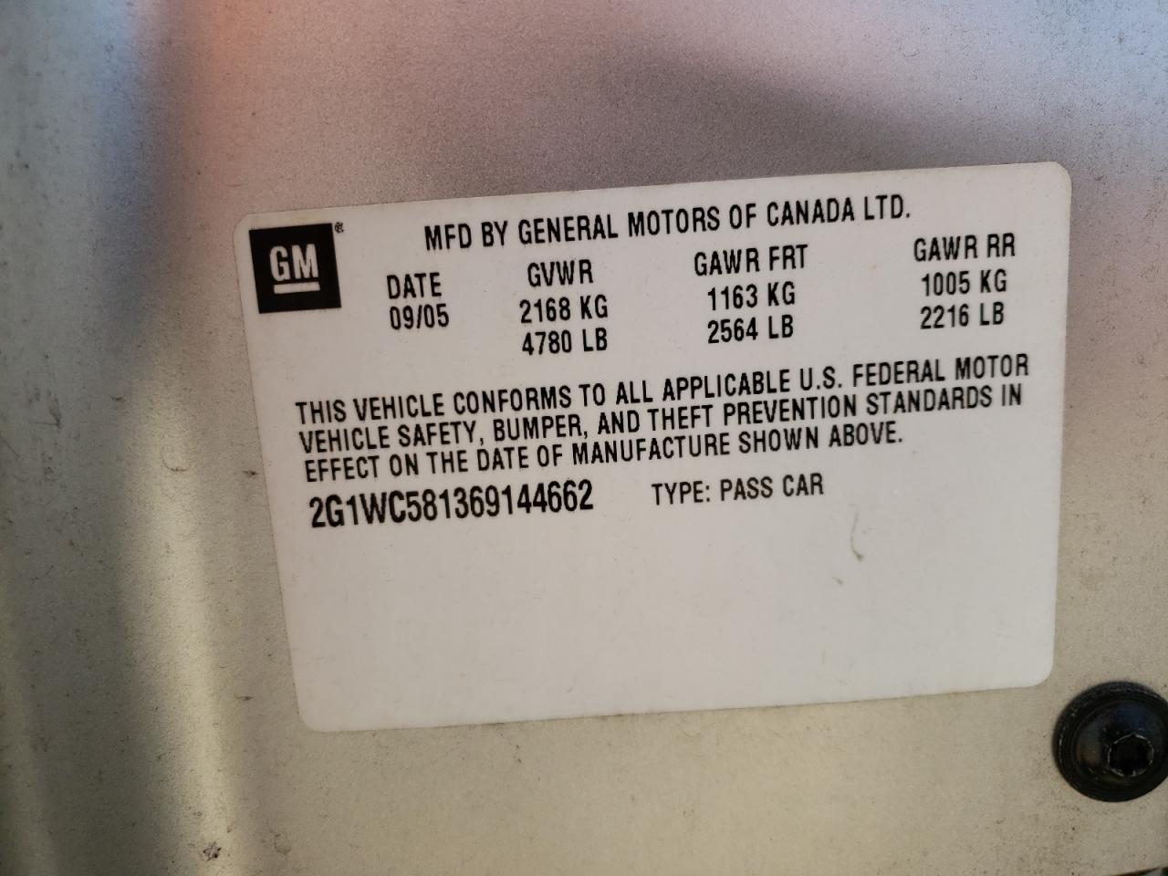 2G1WC581369144662 2006 Chevrolet Impala Lt