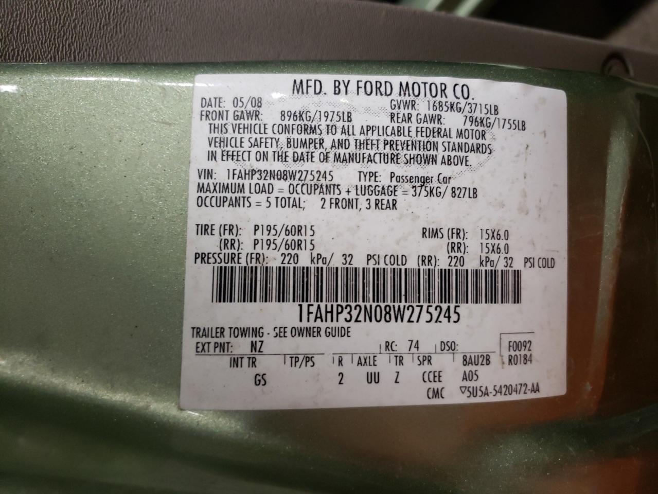 1FAHP32N08W275245 2008 Ford Focus S/Se