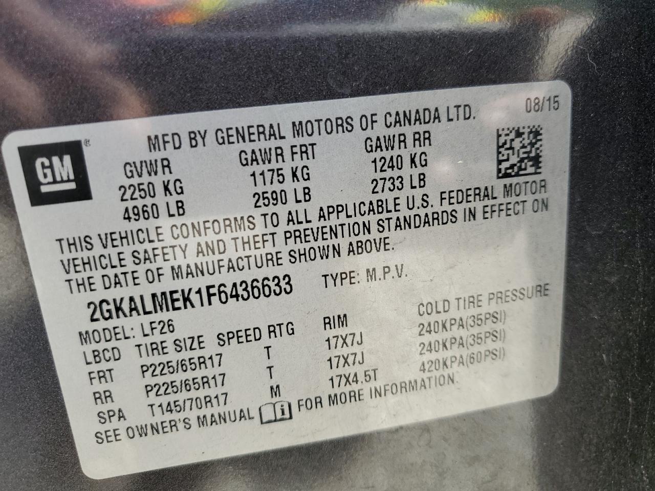 2GKALMEK1F6436633 2015 GMC Terrain Sle