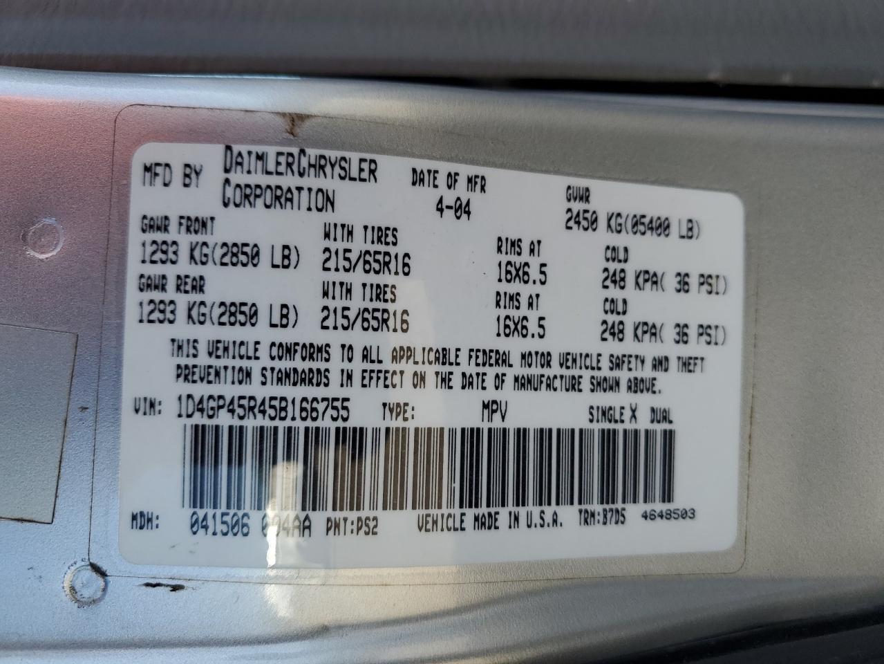 1D4GP45R45B166755 2005 Dodge Caravan Sxt