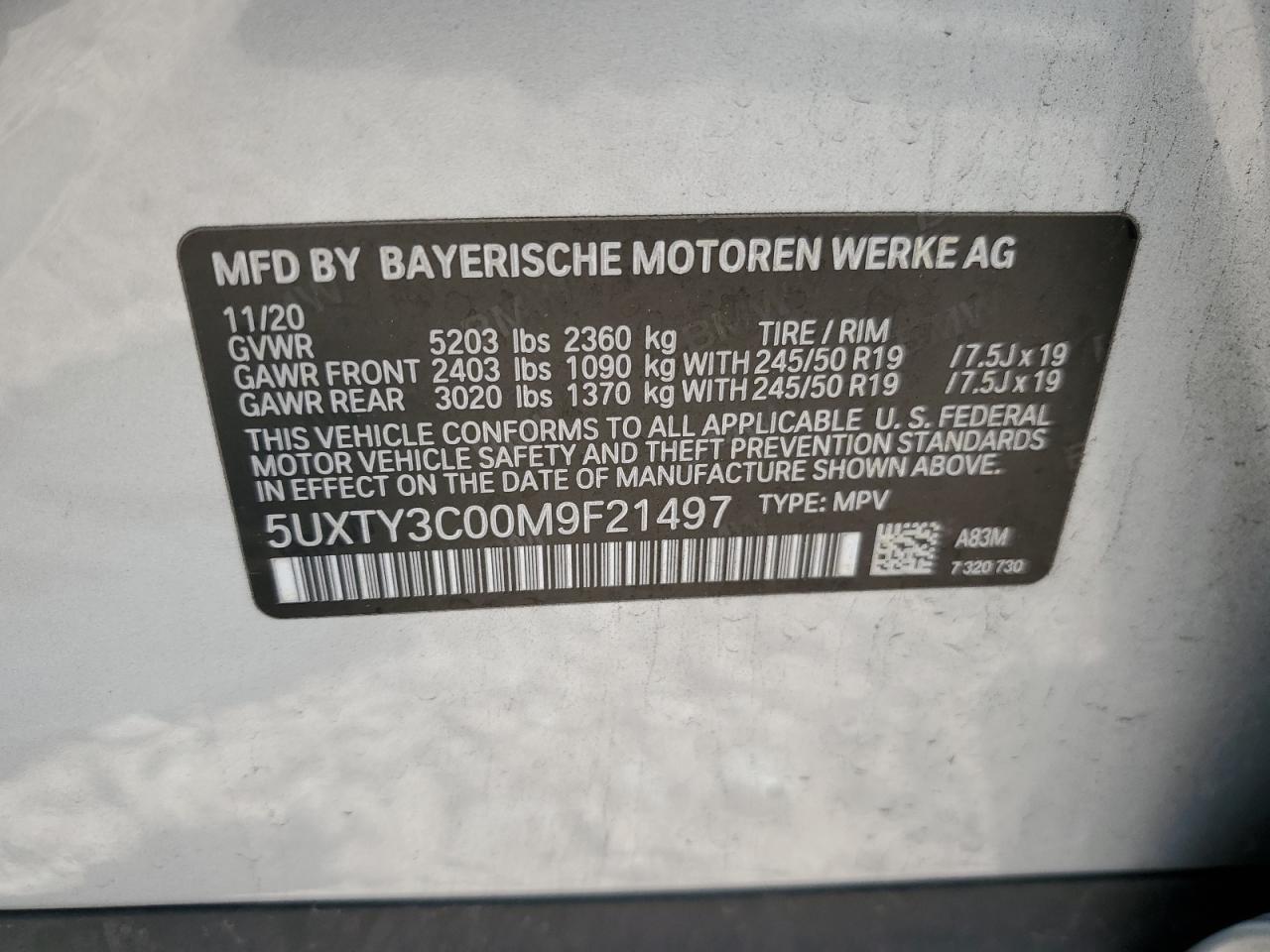 5UXTY3C00M9F21497 2021 BMW X3 Sdrive30I