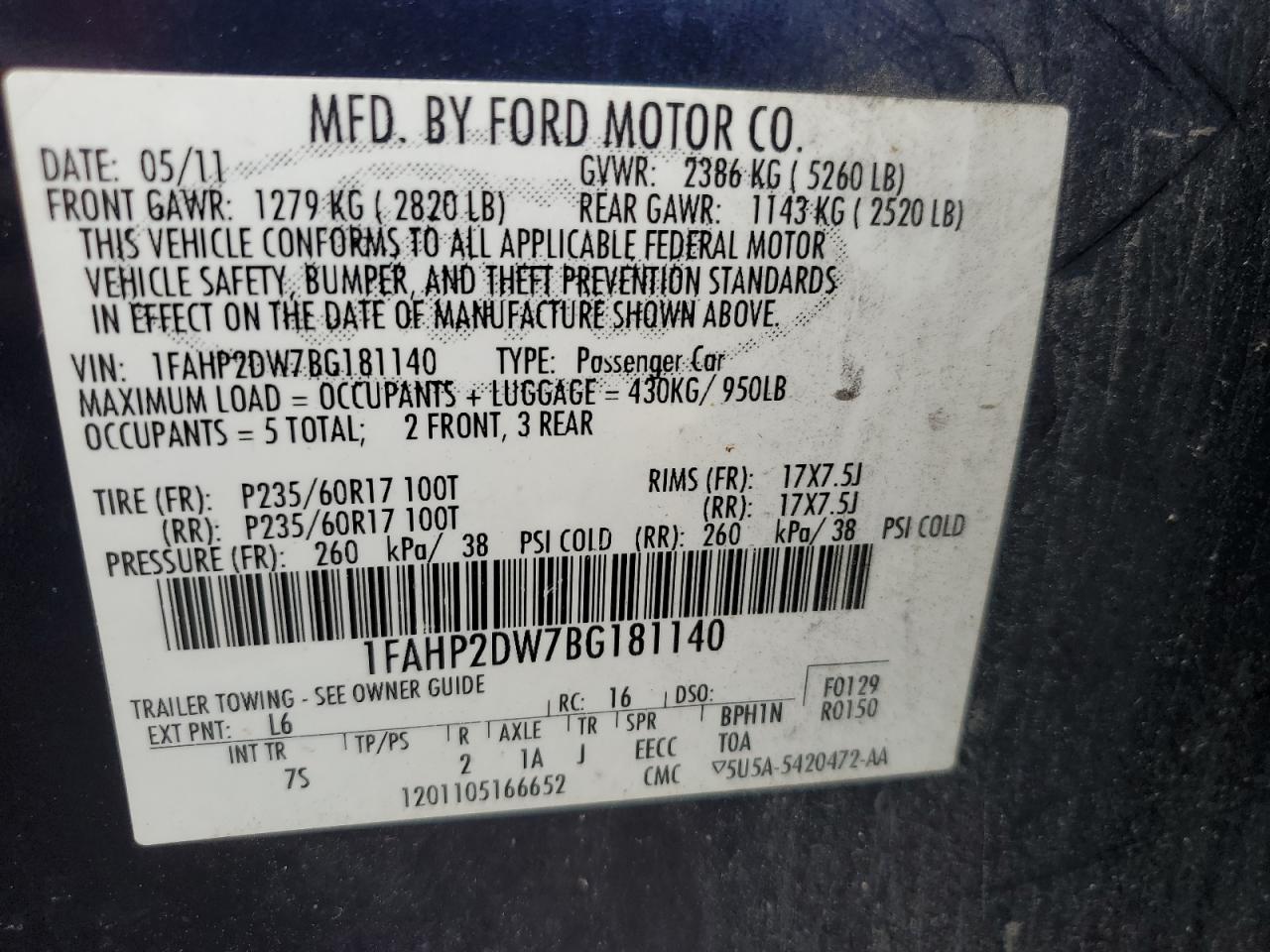 1FAHP2DW7BG181140 2011 Ford Taurus Se