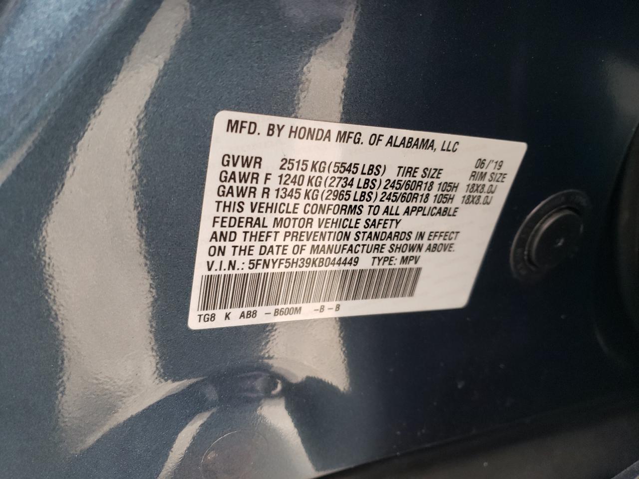 5FNYF5H39KB044449 2019 Honda Pilot Ex