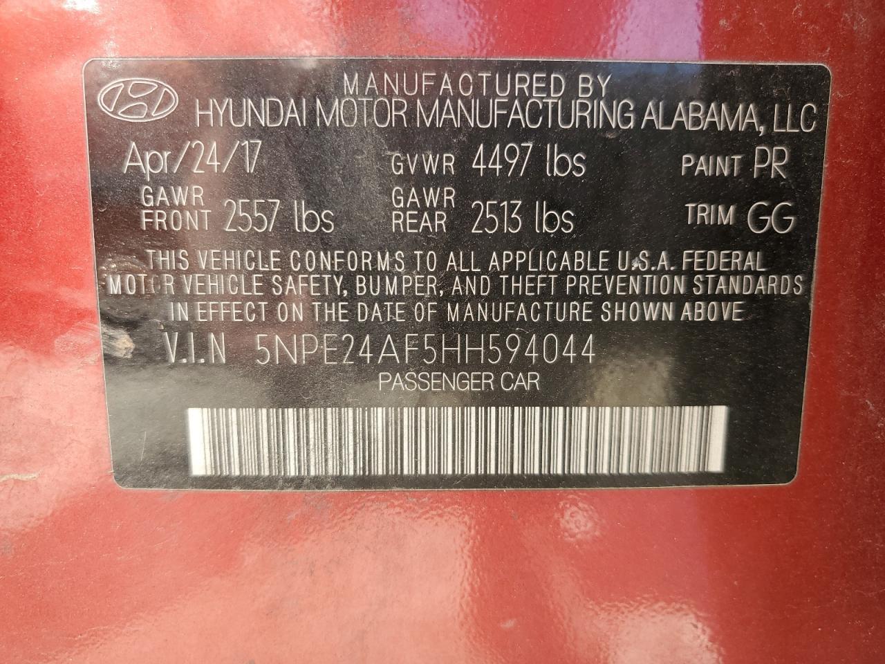 5NPE24AF5HH594044 2017 Hyundai Sonata Se