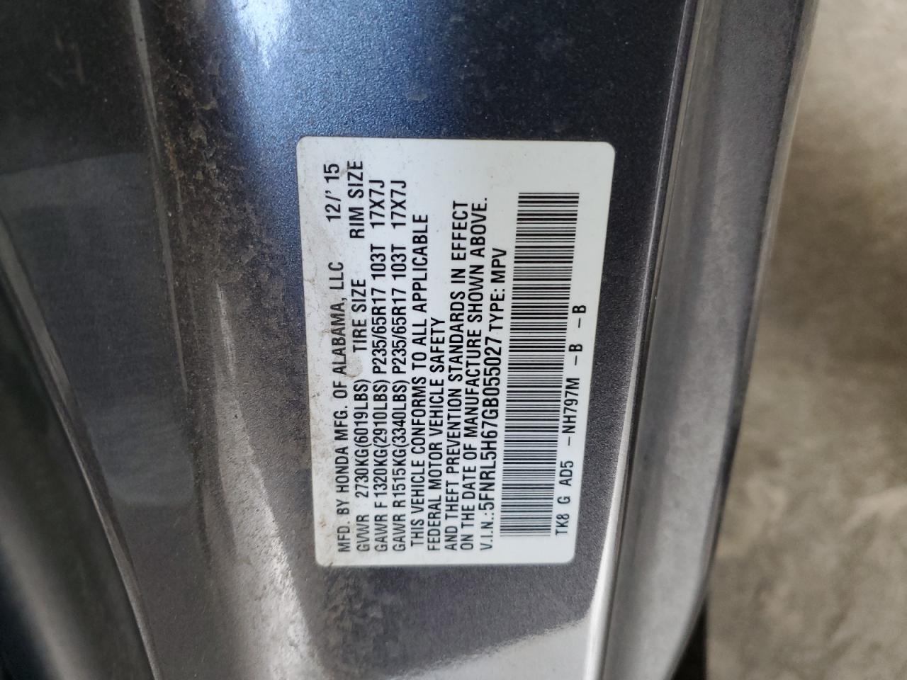 5FNRL5H67GB055027 2016 Honda Odyssey Exl