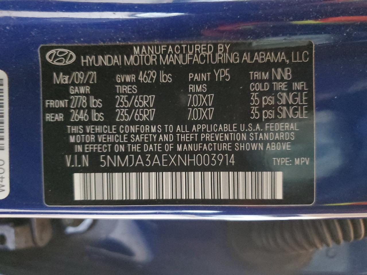 5NMJA3AEXNH003914 2022 Hyundai Tucson Se