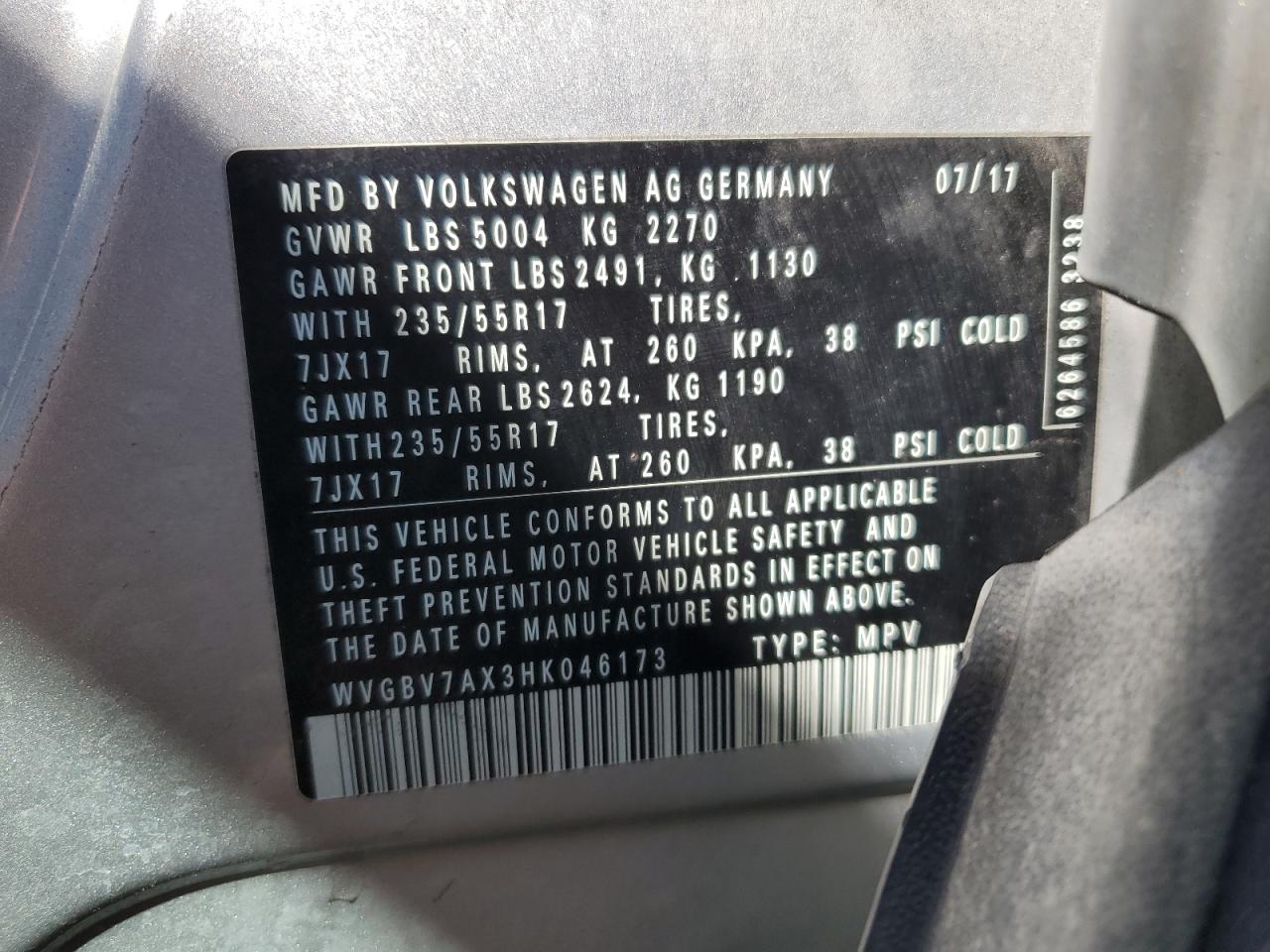 WVGBV7AX3HK046173 2017 Volkswagen Tiguan S