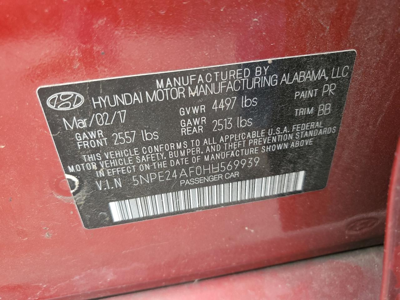 5NPE24AF0HH569939 2017 Hyundai Sonata Se