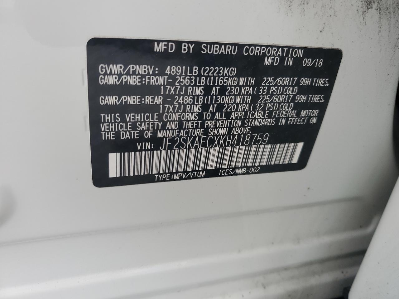 JF2SKAECXKH418759 2019 Subaru Forester Premium