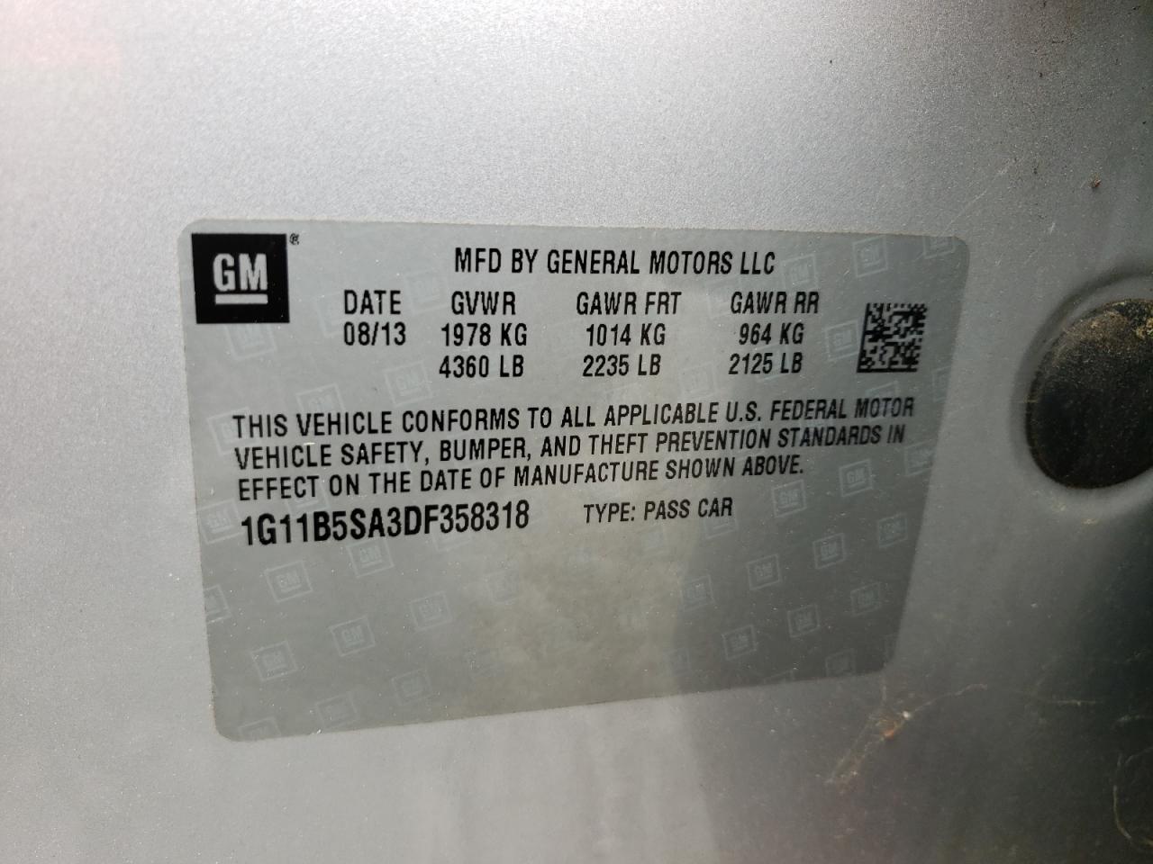 1G11B5SA3DF358318 2013 Chevrolet Malibu Ls