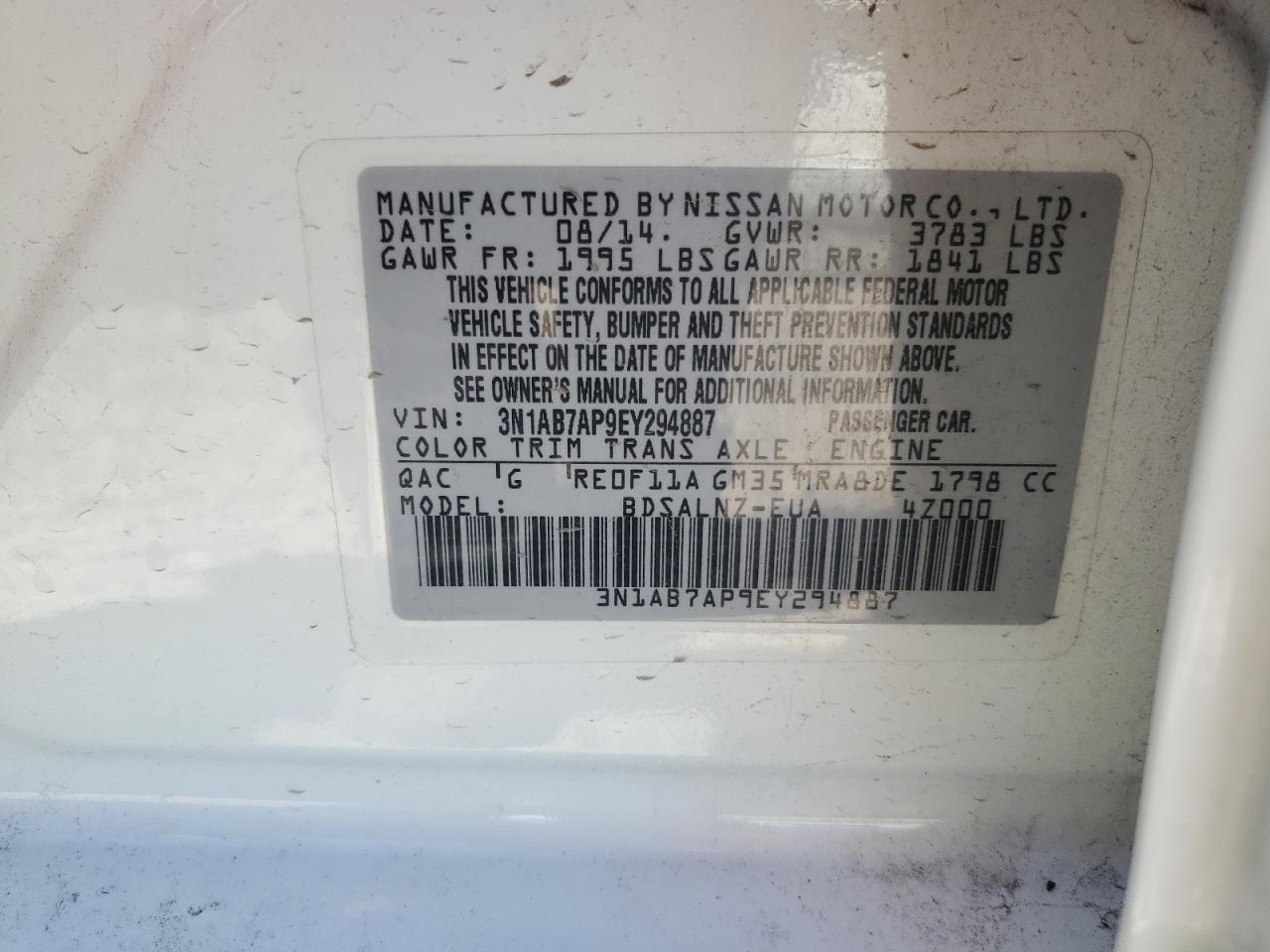 3N1AB7AP9EY294887 2014 Nissan Sentra S