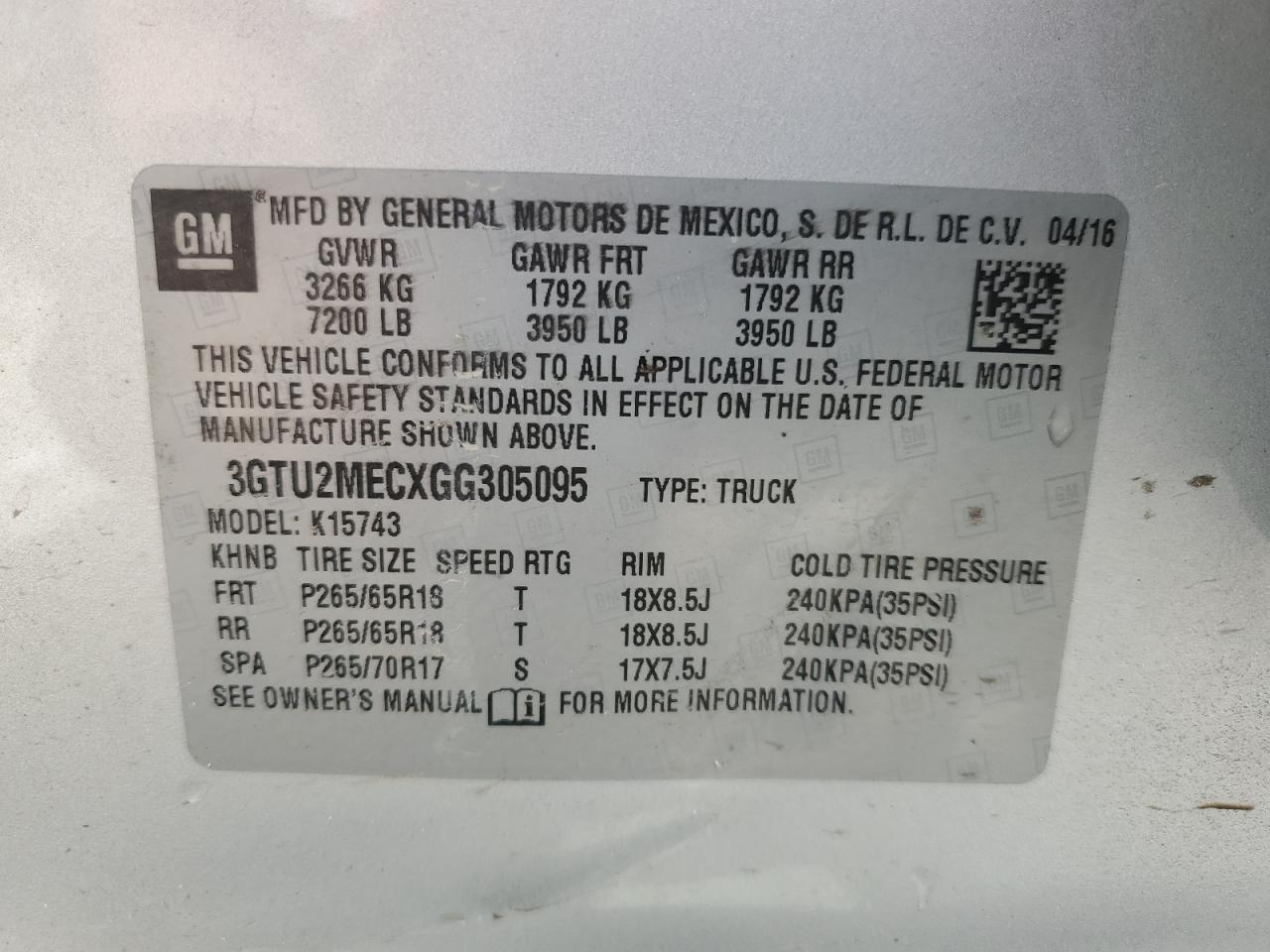 3GTU2MECXGG305095 2016 GMC Sierra K1500 Sle