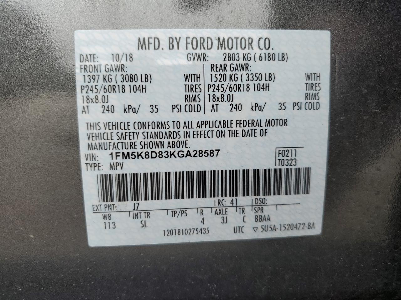 1FM5K8D83KGA28587 2019 Ford Explorer Xlt