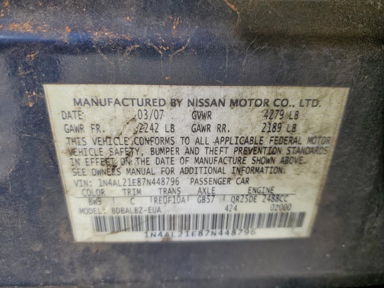 1N4AL21E87N448796 2007 Nissan Altima 2.5