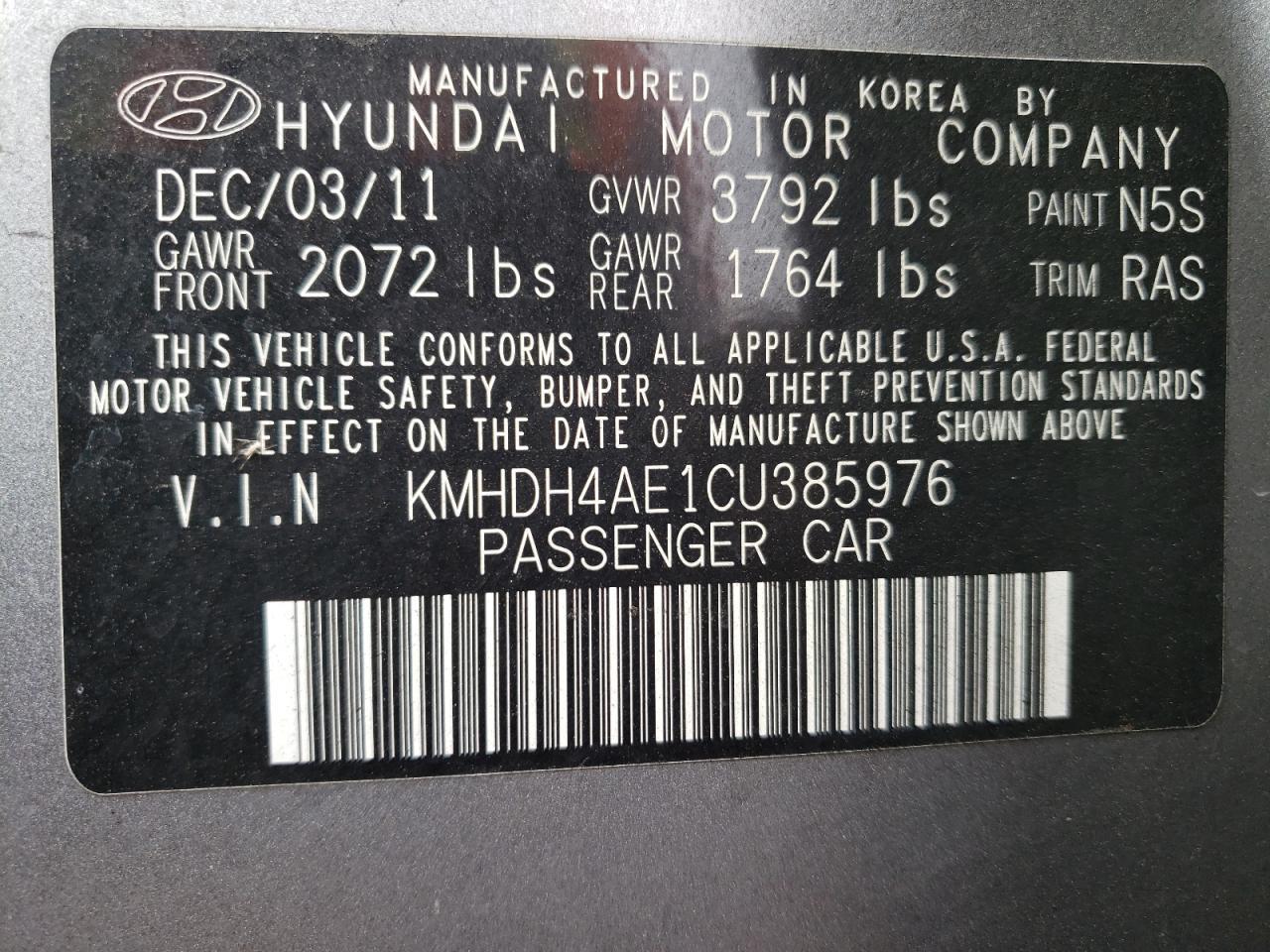 KMHDH4AE1CU385976 2012 Hyundai Elantra Gls