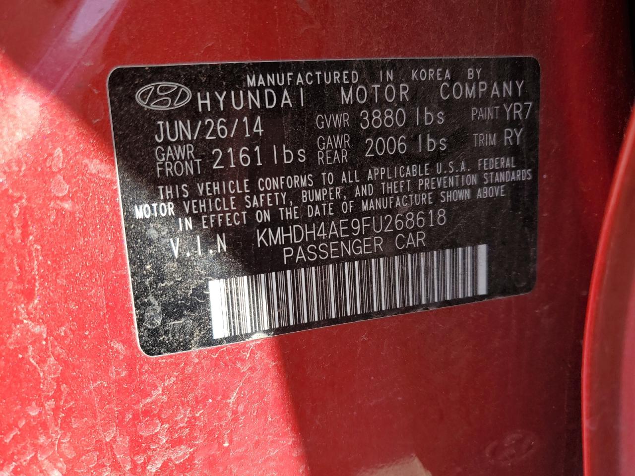 2015 Hyundai Elantra Se vin: KMHDH4AE9FU268618