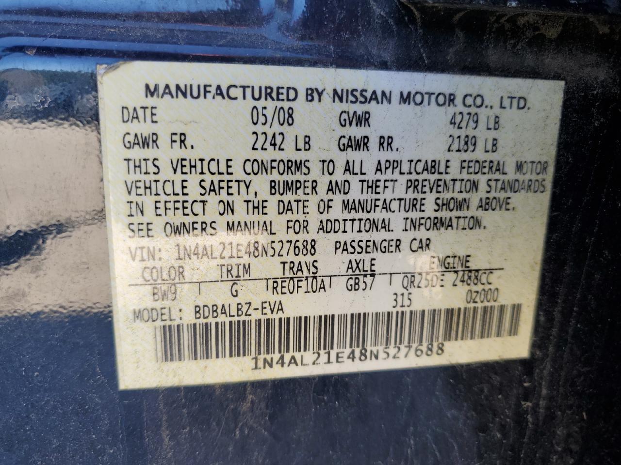 1N4AL21E48N527688 2008 Nissan Altima 2.5