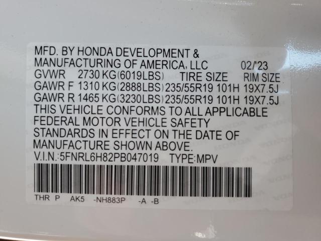 2023 Honda Odyssey Touring VIN: 5FNRL6H82PB047019 Lot: 50327704