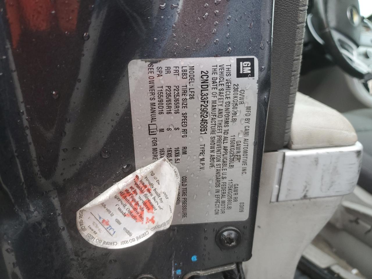 2CNDL33F296246851 2009 Chevrolet Equinox Lt