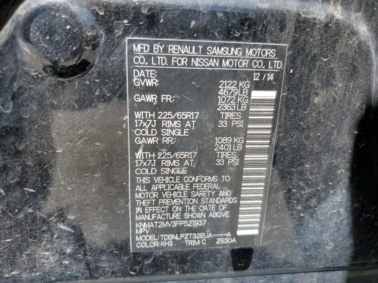 KNMAT2MV3FP521937 2015 Nissan Rogue S