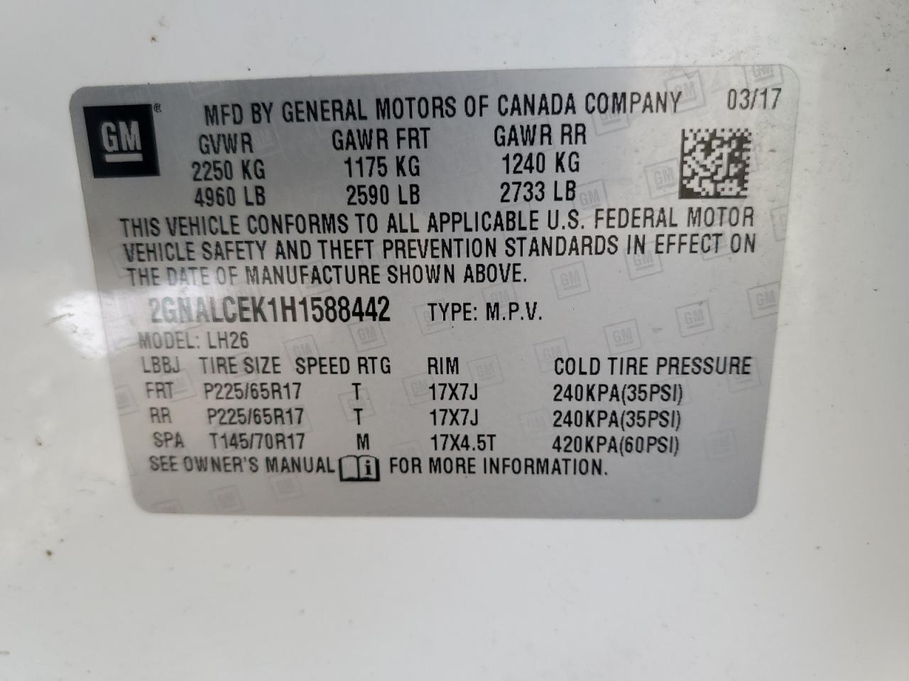 2GNALCEK1H1588442 2017 Chevrolet Equinox Lt