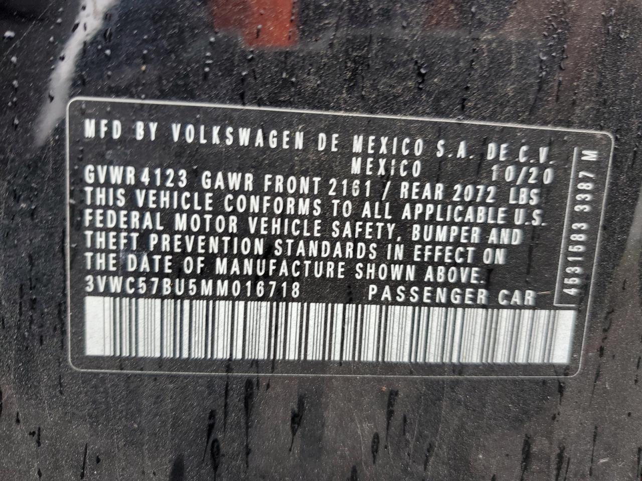 3VWC57BU5MM016718 2021 Volkswagen Jetta S