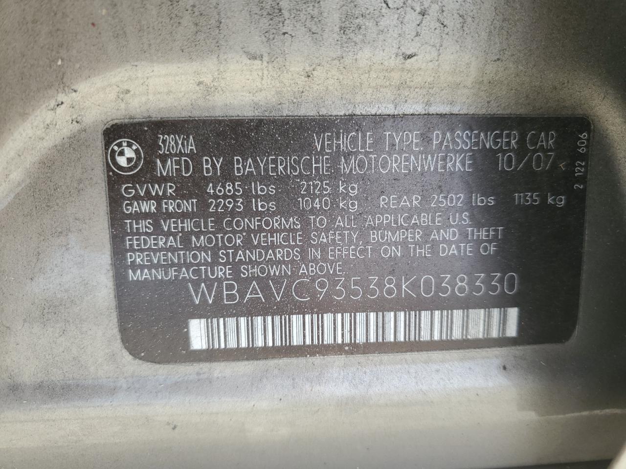 WBAVC93538K038330 2008 BMW 328 Xi