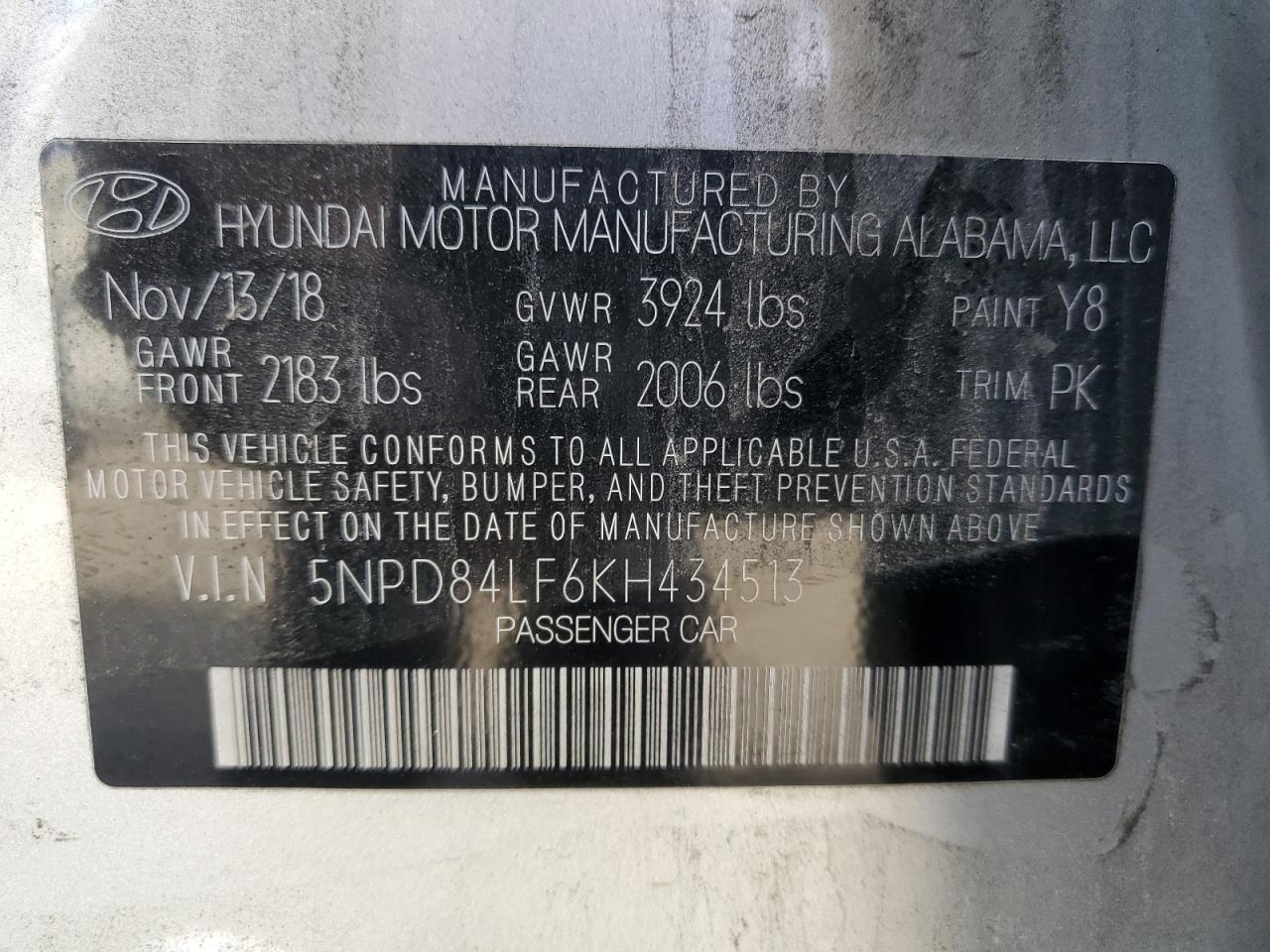 5NPD84LF6KH434513 2019 Hyundai Elantra Sel