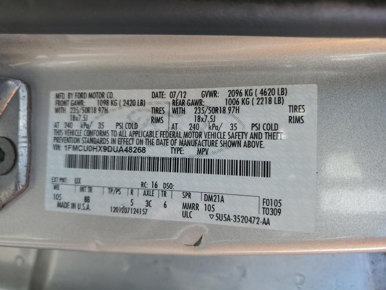 1FMCU0HX9DUA48268 2013 Ford Escape Sel