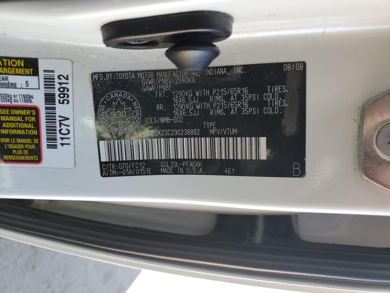 5TDZK23C29S238882 2009 Toyota Sienna Ce