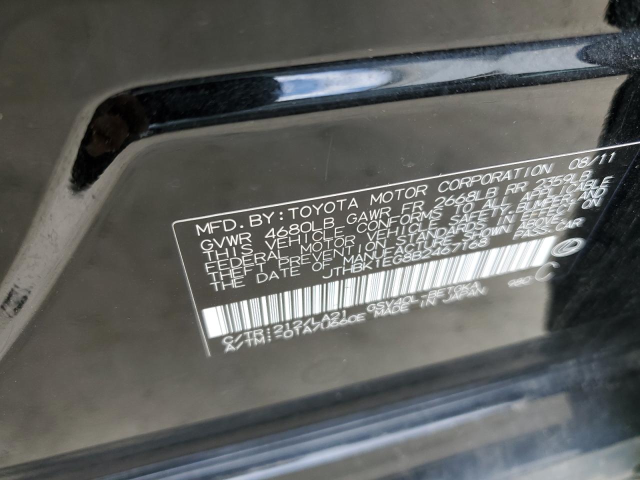 JTHBK1EG8B2467168 2011 Lexus Es 350