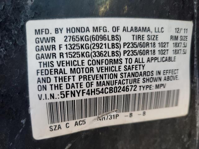 2012 Honda Pilot Exl VIN: 5FNYF4H54CB024672 Lot: 49099694