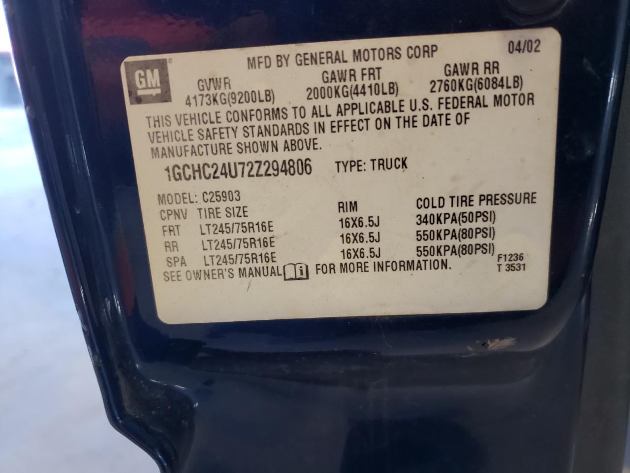 1GCHC24U72Z294806 2002 Chevrolet Silverado C2500 Heavy Duty