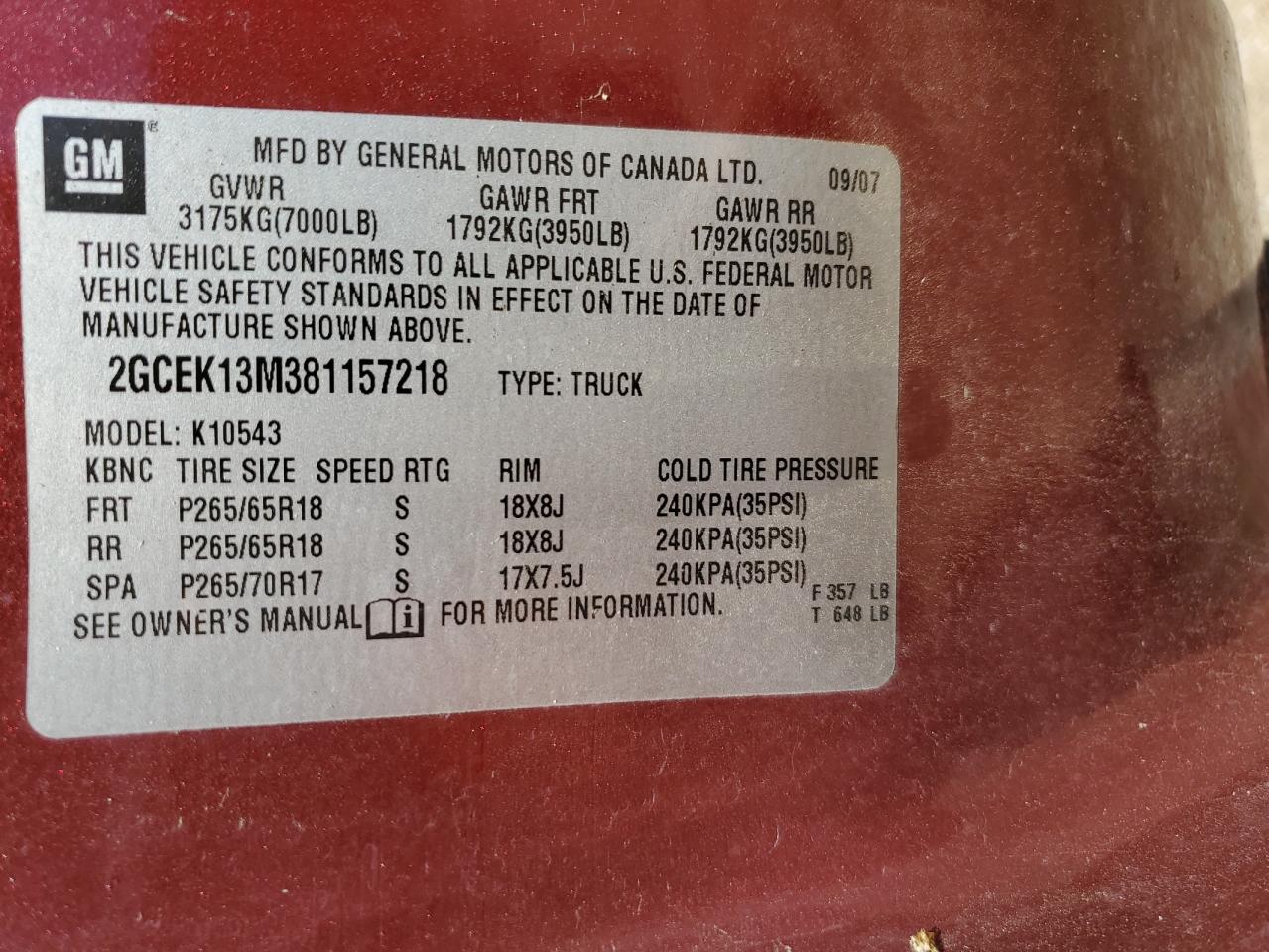 2GCEK13M381157218 2008 Chevrolet Silverado K1500