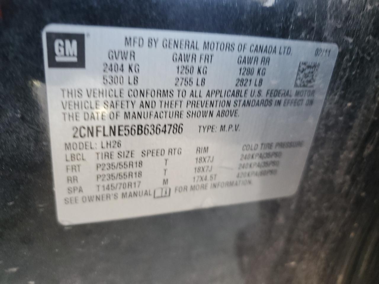 2CNFLNE56B6364786 2011 Chevrolet Equinox Lt