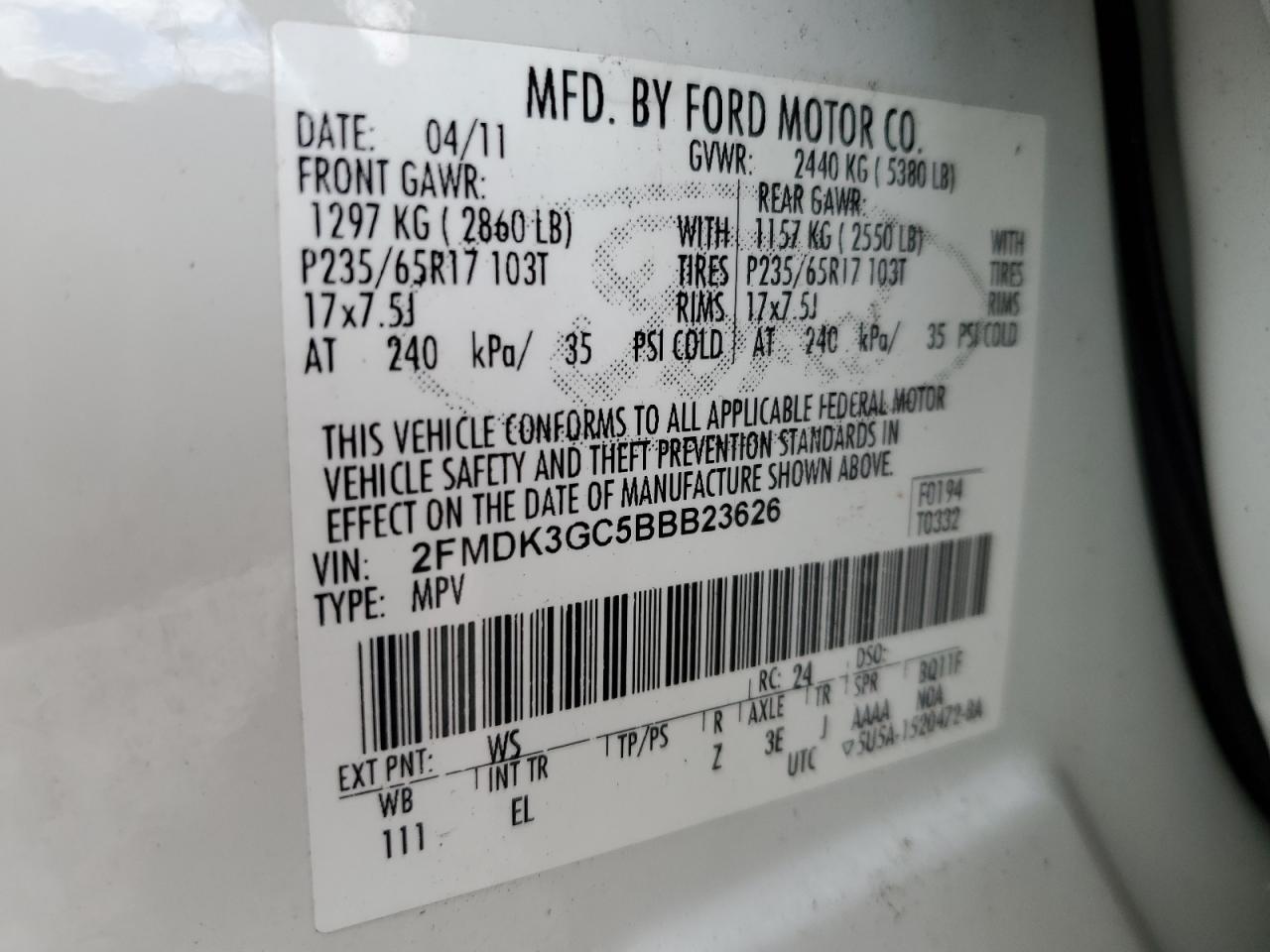 2FMDK3GC5BBB23626 2011 Ford Edge Se