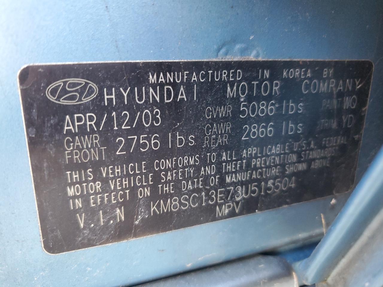 KM8SC13E73U515504 2003 Hyundai Santa Fe Gls