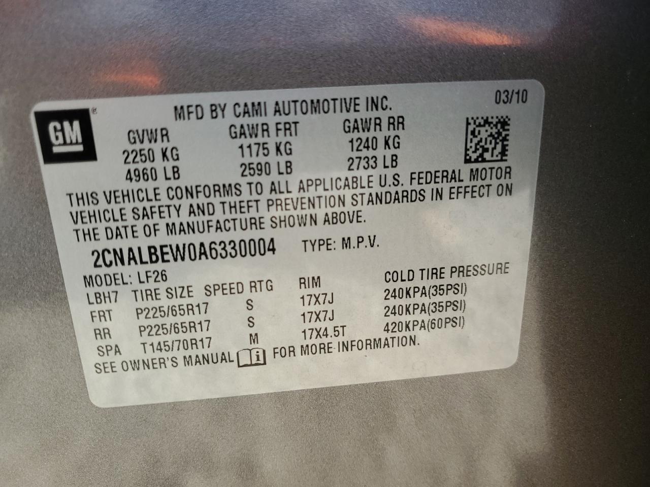 2CNALBEW0A6330004 2010 Chevrolet Equinox Ls