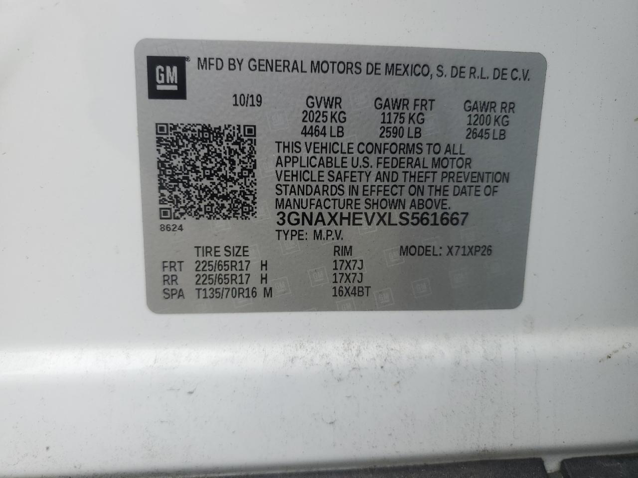 3GNAXHEVXLS561667 2020 Chevrolet Equinox Ls