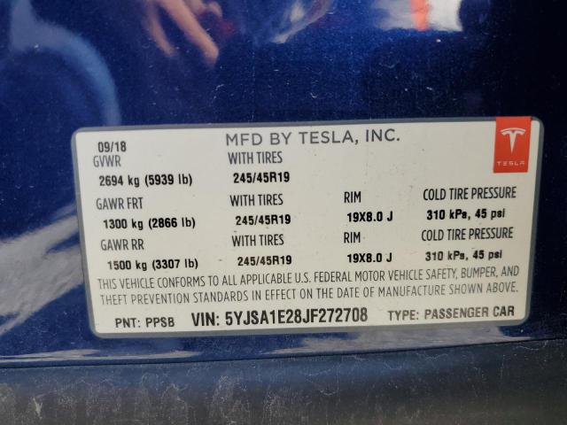 2018 Tesla Model S VIN: 5YJSA1E28JF272708 Lot: 52138094