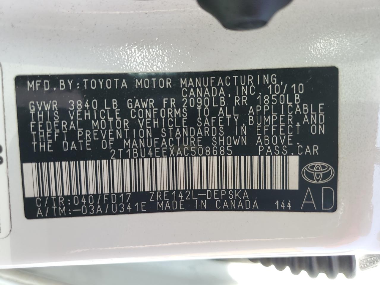 2T1BU4EEXAC508685 2010 Toyota Corolla Base