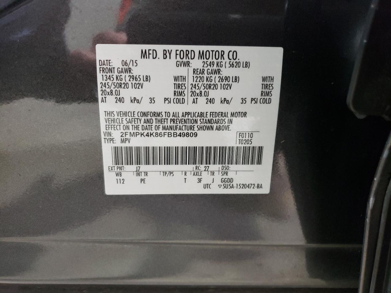 2FMPK4K86FBB49809 2015 Ford Edge Titanium