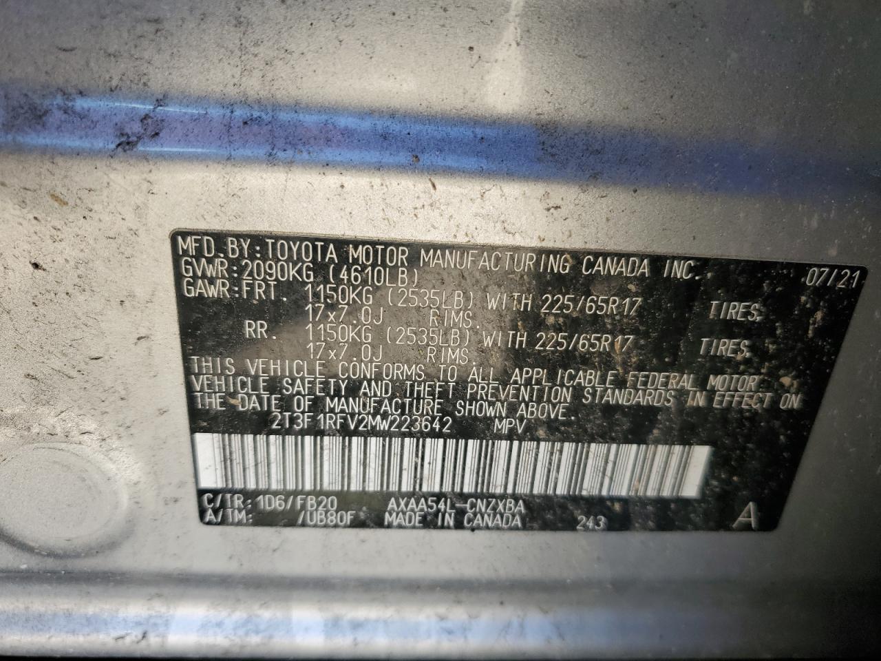2T3F1RFV2MW223642 2021 Toyota Rav4 Le
