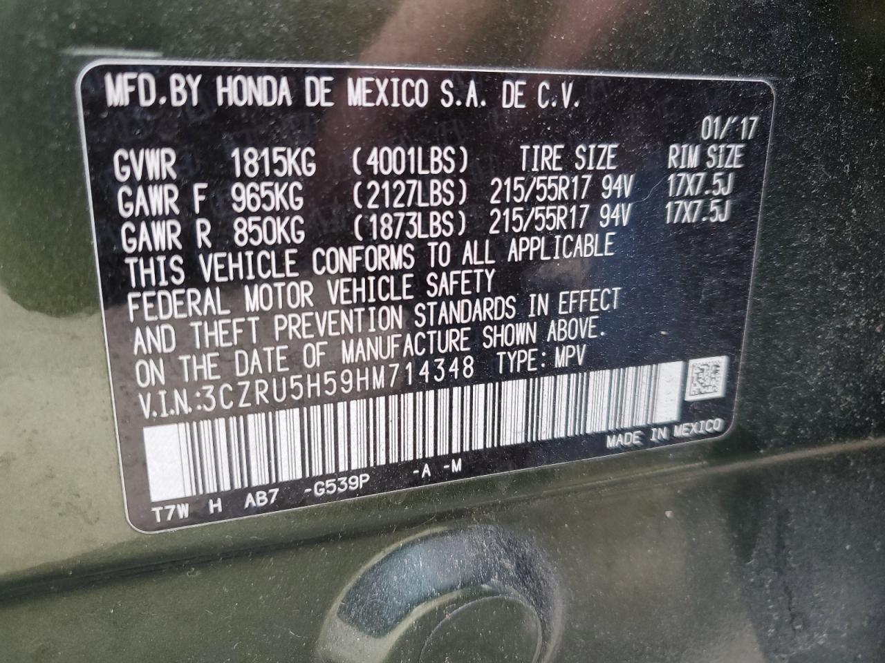 3CZRU5H59HM714348 2017 Honda Hr-V Ex